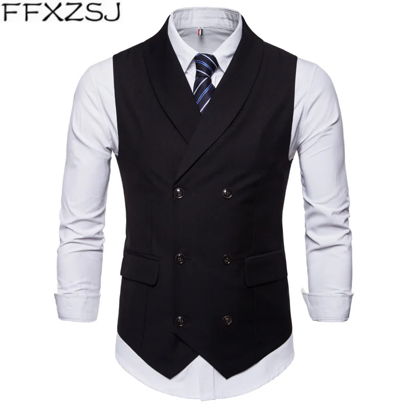 

FFXZSJ Brand 2019 Spring Autumn Double Breasted Suit Vest Men's Sleeveless Four-Colored England Style Foramal Weeding Vest