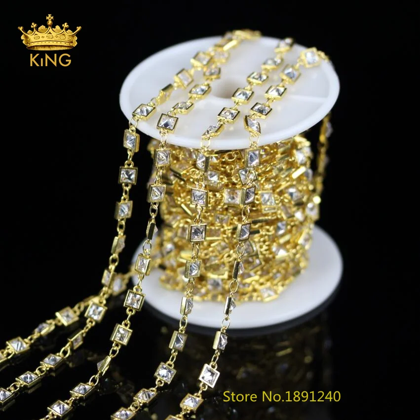 

5Meters Lot,5mm,High Quality Square Shape Clear White Zircon Wire Wrapped Golden Plated Rosary Chains Bracelets Findings,KS-25