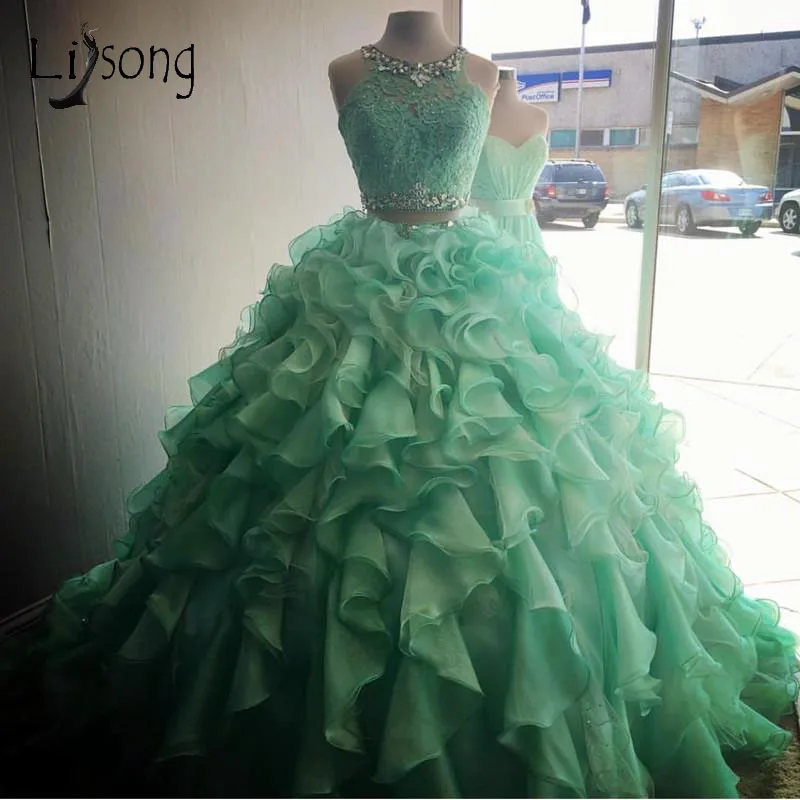 Pretty Mint Green Ruffles Ball Gowns For Gilrs Graduation Party Lace