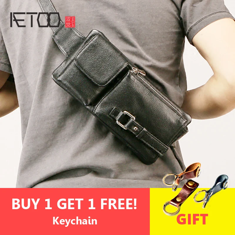 

AETOO Men's leather chest bag, casual fashion cowhide chest bag, fashion outdoor riding trend multifunctional small bag