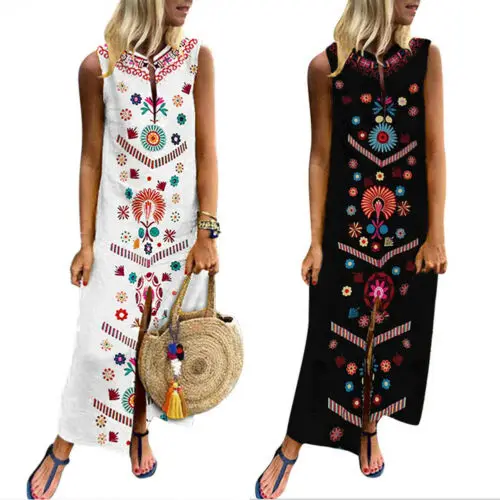 

Women Causal Boho Vintage Sleeveless Slit Holiday Maxi Long Print Dress Plus Size S-5XL