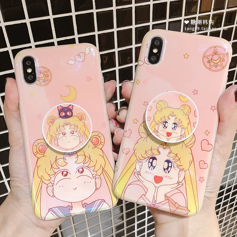 For iphone XS MAX soft TPU case pink Sailor Moon phone cover for iphone 8 7 6 6s plus with mobile holder girl gift shell for XR