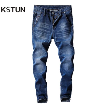 

KSTUN Jeans Men Clothes 2018 Autumn Business Casual Pants Slim Fit Elasticity Dark Blue Classic Long Trousers Male jean homme
