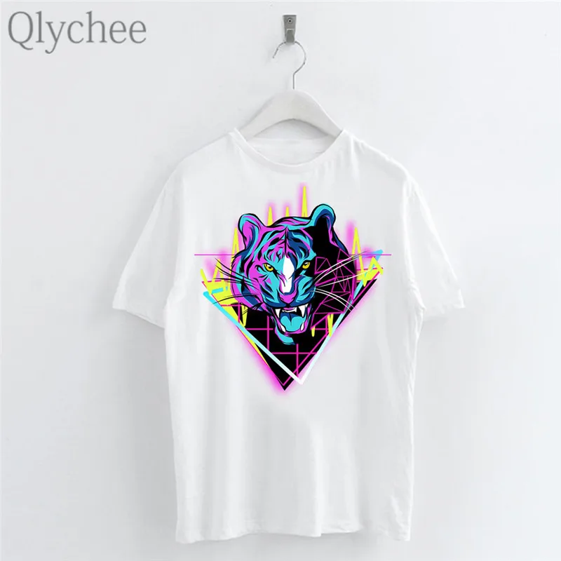 Qlychee Harajuku Devil Series женские футболки с принтом Тигра Футболки вырезом лодочкой и