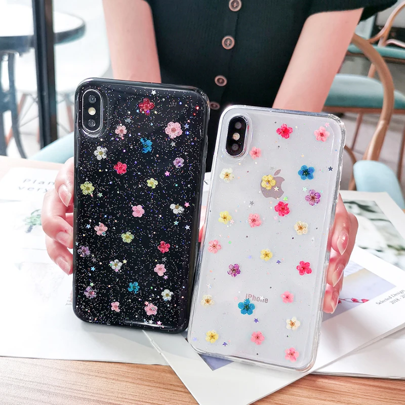 

Daisy Real Flowers Dried Flowers Phone Case For iPhone X XS XR XS Max 6 6S 7 8 Plus Transparent Soft TPU Floral Back Cover Gift