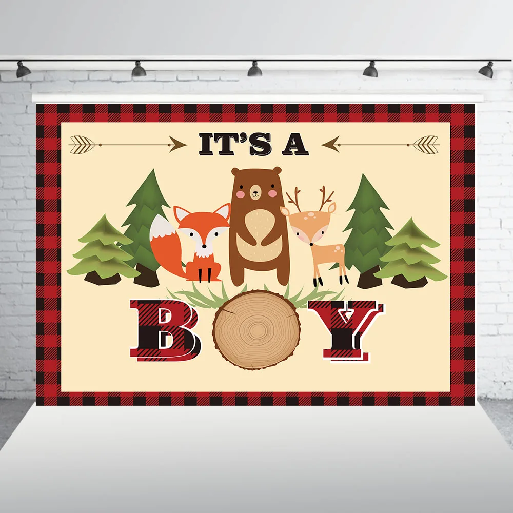 HUAYI boy 1st Birthday jungle Backdrop Red Black Plaid Bear Camping Adventure Tribal Party Decor Banner Photo Background w-1976