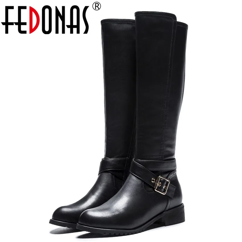 

FEDONAS Top Qulaity Women High Heels Motorcycle Boots Buckles Genuine Leather Knee High Boots Female Long Motorcycle Boots