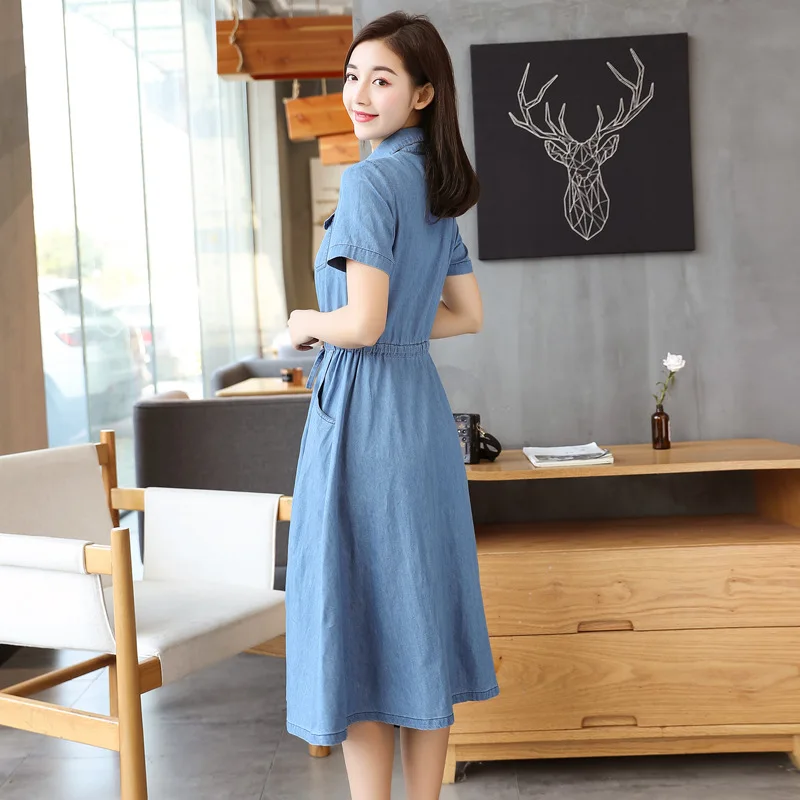 Summmer Buttons Jeans Dresses For Women Short Sleeve Denim Dress Women Fashion Pockets Elegant Slim Denim Cowboy Dress Ladies
