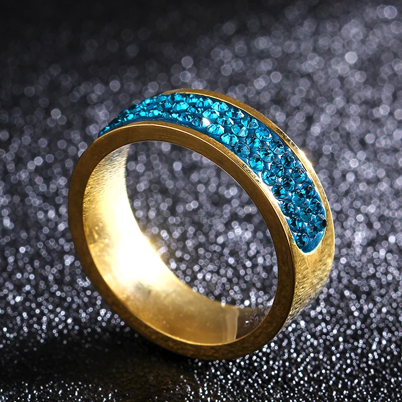 8mm Blue CZ 316L Stainless Steel finger Rings for women and men Half Circle Three Row