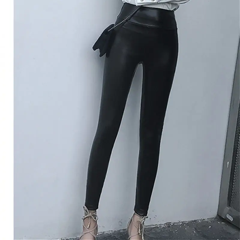 Модные женские брюки из искусственной кожи, обтягивающие леггинсы с высокой эластичной талией размера плюс S-XXXL, Сексуальные облегающие черные кожаные леггинсы Q541