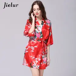Jielur летние цветочные павлин печатных женские халаты Faux Slik элегантный халат с короткими рукавами Blet халаты кимоно Прямая поставка