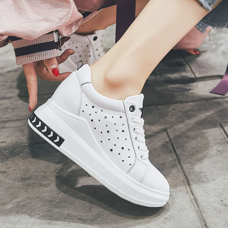 

WADNASO Height Increased Casual Leather Women Shoes Cut-outs Platform Wedge Fashion Sneakers Women Hide Heel White Shoes SH6