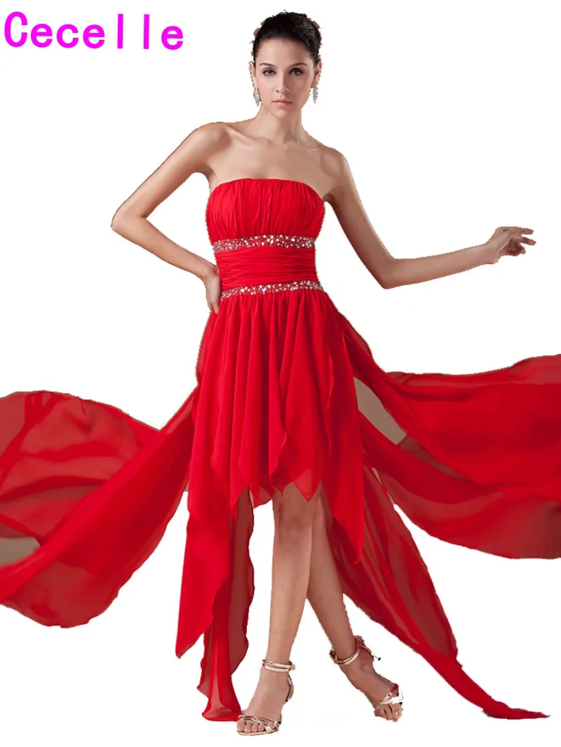 Red High Low Chiffon Prom Cocktail Dresses Strapless Beaded Informal