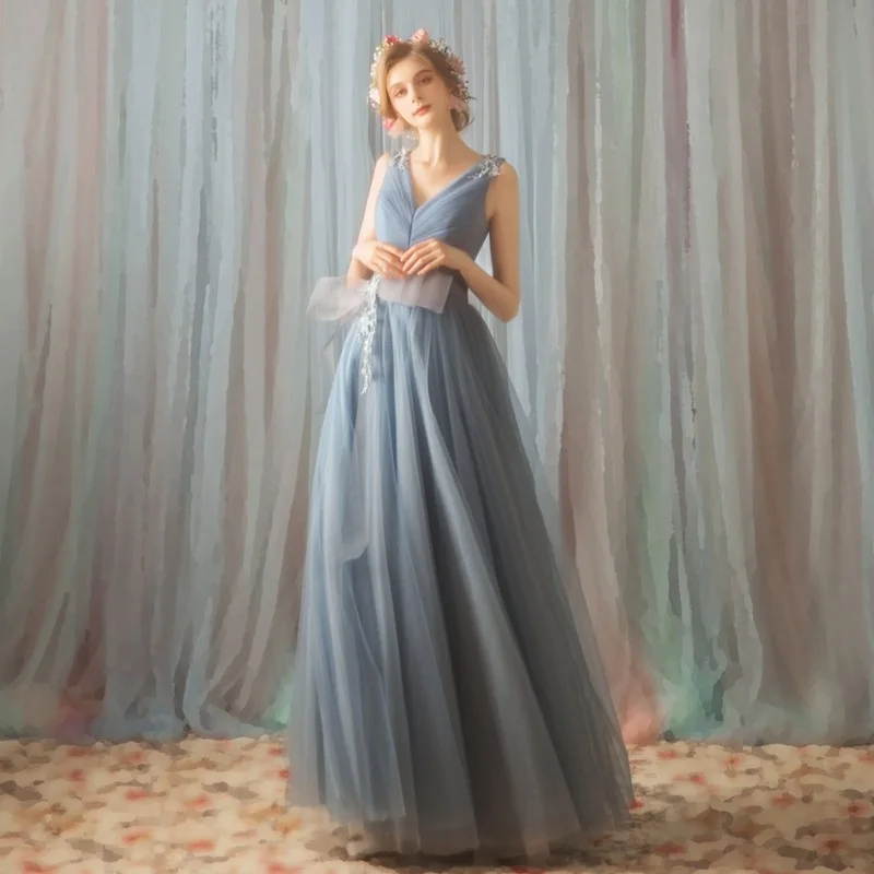 

Bridesmaid Dresses Wedding Guest Sleeveless Tulle Puffy Dresses For Prom Robe Fete Dusty Blue Dress TS003