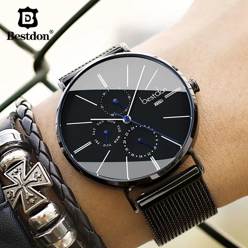 

Bestdon Luxury Men's Wrist Watches Imported Quartz Waterproof Slim Clock Stainless Steel Week Month Top Brand Mans Styles Hot