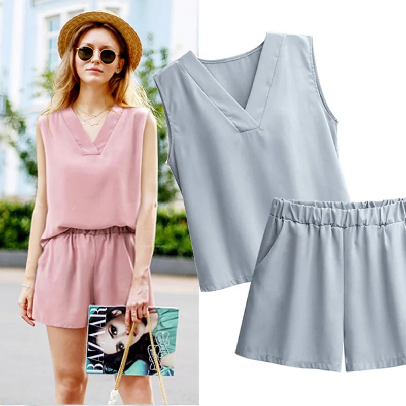 Yibaka L 4XL 2017 verão nova moda sem mangas Com Decote Em V T shirt calções Define as mulheres