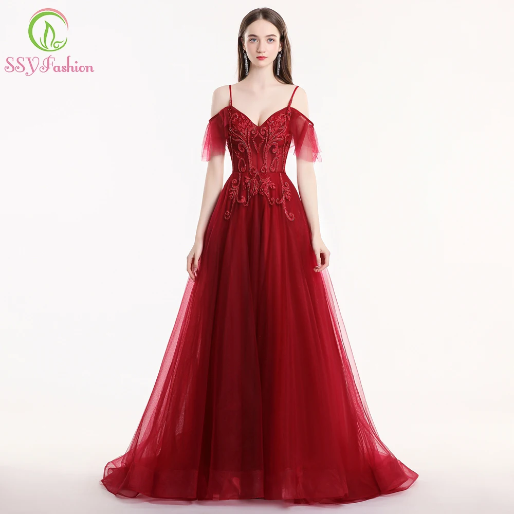 SSYFashion Новое роскошное вечернее платье Robe De Soiree Банкетный бордовый лиф сердечком кружево Бисероплетение развертки поезд длинное формальное платье для выпускного вечера - Цвет: Burgundy