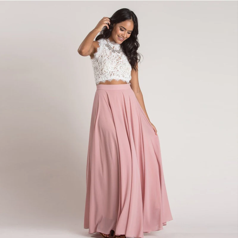 Sweet Pretty Pink Long Chiffon Skirts For Lady Zipper Side A line ...