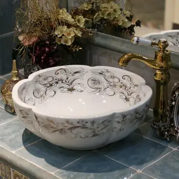 

Europe Style China Artistic Handmade Flower Shape Counter top Ceramic Bathroom Vessel Sink flower wash basin 
