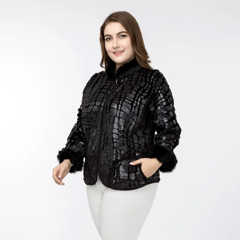 Женская куртка размера плюс 3XL 4XL 5XL, новинка, Весенняя теплая куртка на молнии с меховым рукавом и стоячим воротником из искусственной крокодиловой кожи A838