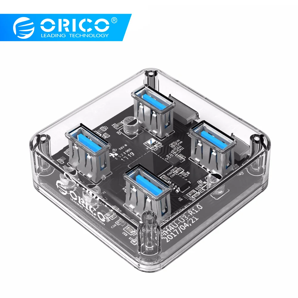 ORICO, 4 порта, USB 3,0, прозрачный Настольный концентратор, адаптер, высокоскоростной USB разветвитель, поддержка OTG с интерфейсом питания Micro USB