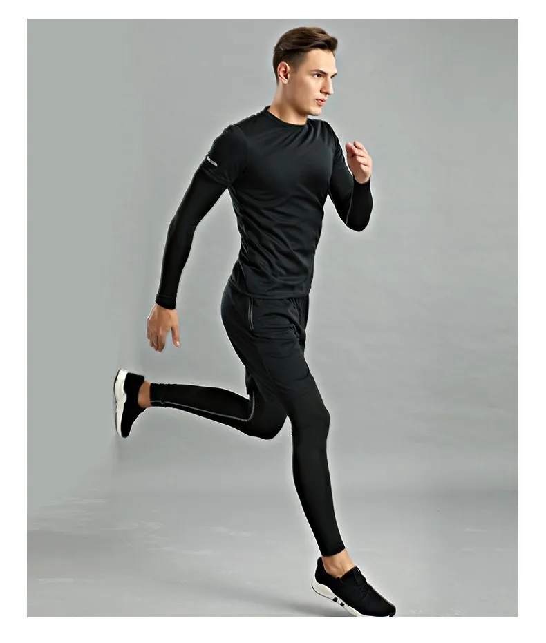 Мужской комплект для бега, черный, серый, белый цвет, тренировочная одежда для мужчин, эластичный рефлективный тренировочный костюм, дышащая тренировочная Спортивная одежда для бега