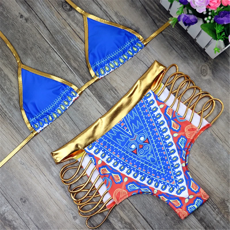 

High Waist Bikini 2017 Sexy Bandage Swimsuit Cut Out Vintage Bikini Set Glod Strappy Swimwear Push Up Bathing Suits Beachwear