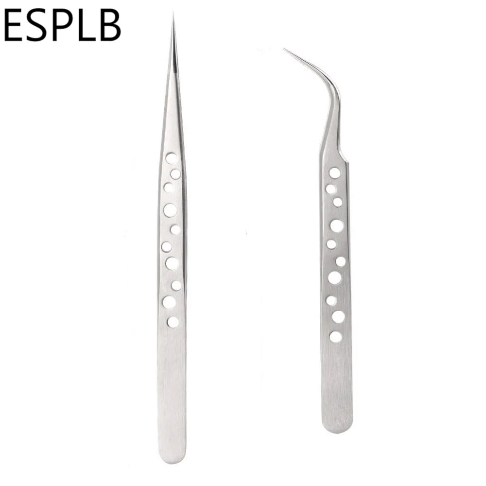 

ESPLB Stainless Steel Precision Tweezers Anti-static Curved Straight Tip Electronics Industrial Tweezers Forceps Holes Tool Sets
