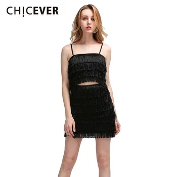 

CHICEVER Summer Sexy Patchwork Tassel Women Two Piece Set Off Shoulder Strapless Shorts Vest With High Waist Mini Skirt 2020