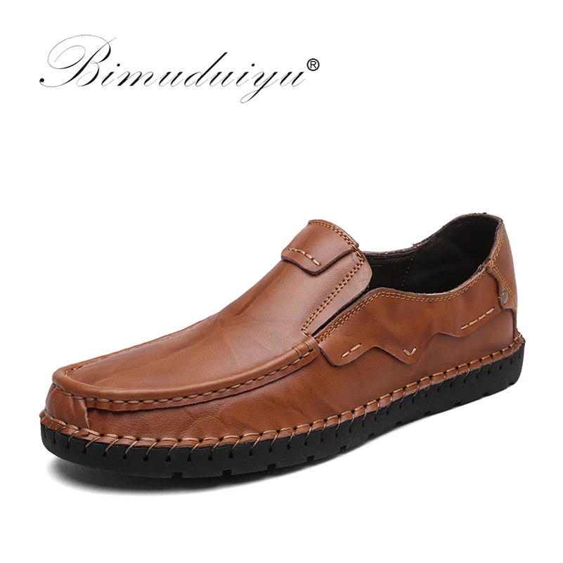 BIMUDUIYU Brand Mens Loafers Fashion Handmade Moccasins Cow Leather Men Flats Black Shoes Slip-on Casual Shoes For Men