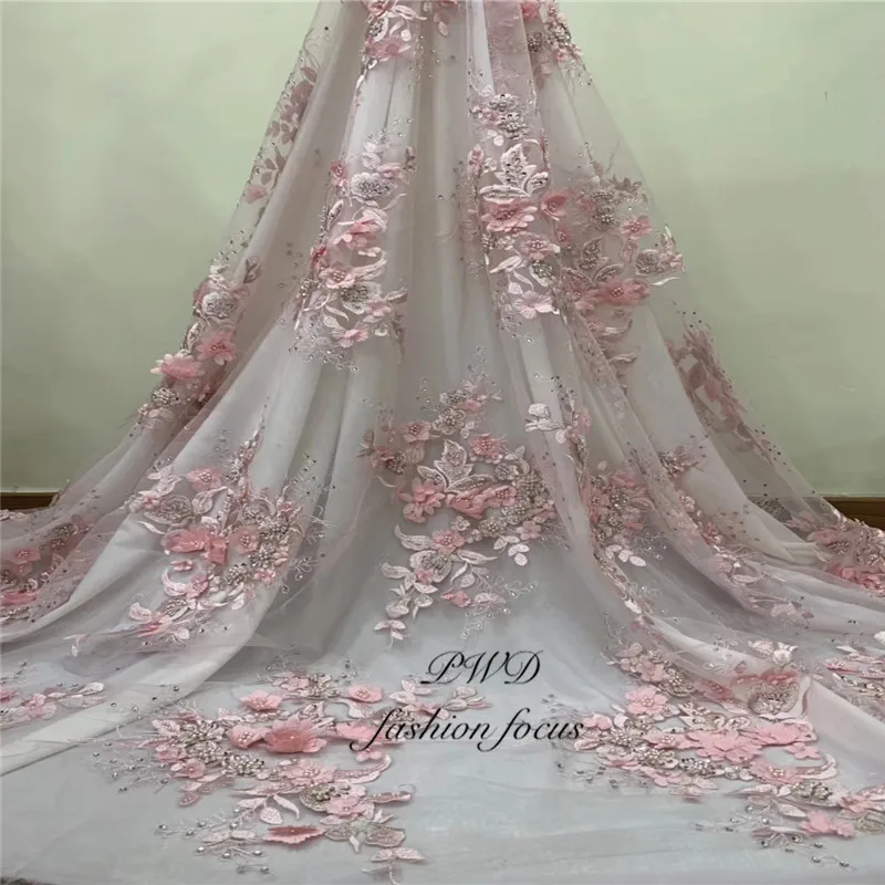 

Latest African Lace Fabric 2019 Pink Bridal Lace Fabric High Quality Embroidery Tulle Lace Fabric For Nigerian Wedding