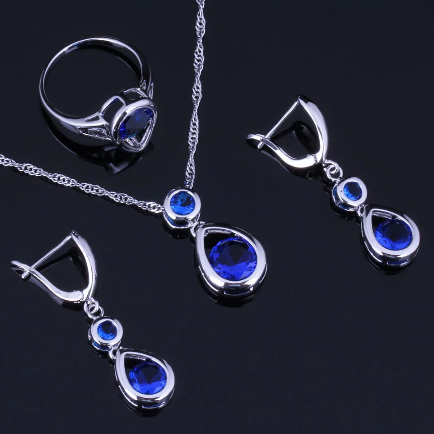 

Magnificent Water Drop Blue Cubic Zirconia 925 Sterling Silver Jewelry Sets For Women Earrings Pendant Chain Ring V0994