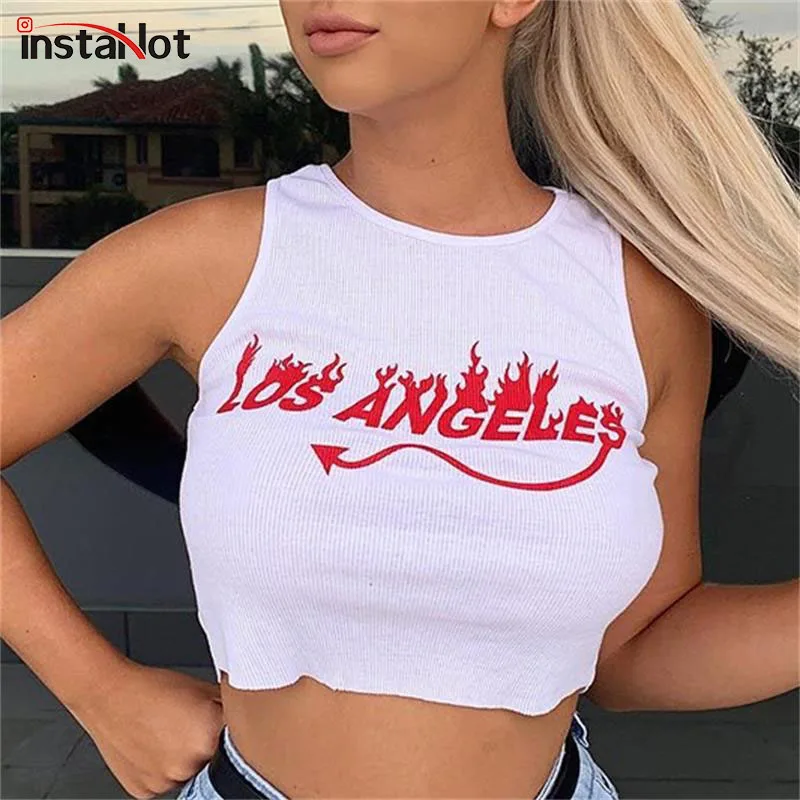 

InstaHot Letter Print Knitted White Tank Tops Women Sleeveless O Neck Stretchy Crop Tops Lady Streetwear Sexy Basic Tees Camis