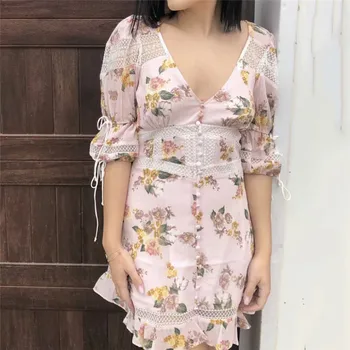 

2019 summer lace crochet dress women sexy deep V neck hollow out ruffle design pink dress female party club mini dress