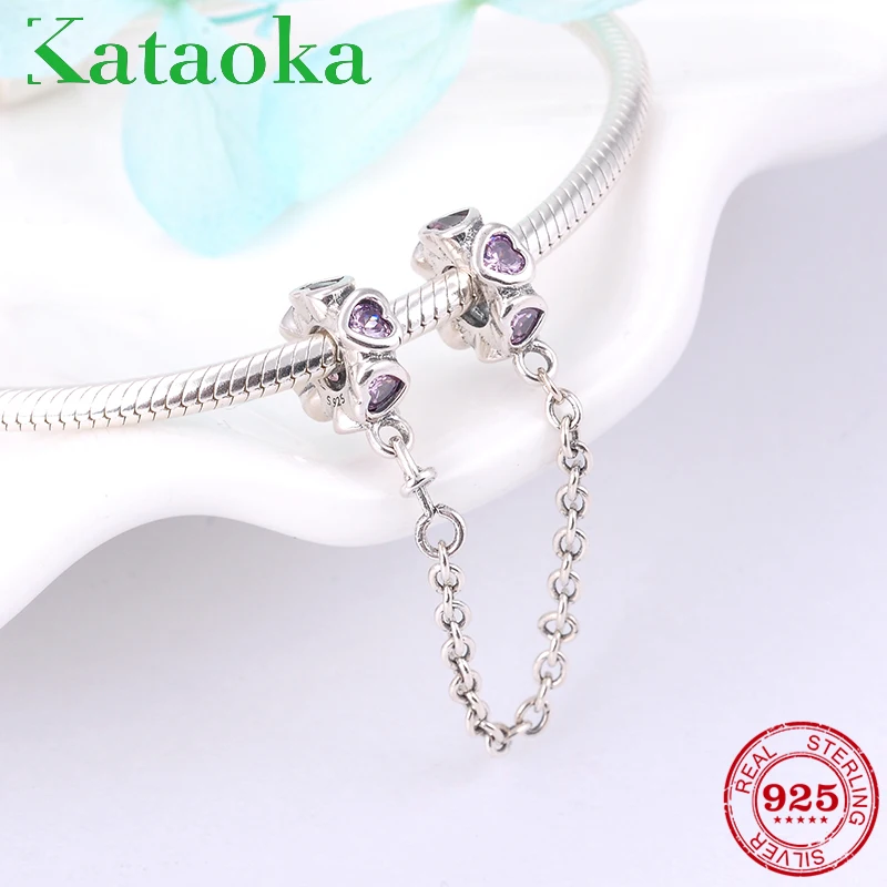 

Hot fashion women 925 Sterling Silver pink heart charms Safety Chain beads Jewelry making Fit Original Pandora Charms Bracelet