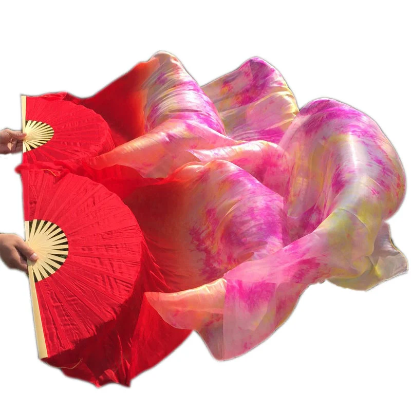 

New Arrival 100% Real Silk Fan Veils for Belly Dancing Silk Fans Red Tie-dyed Color