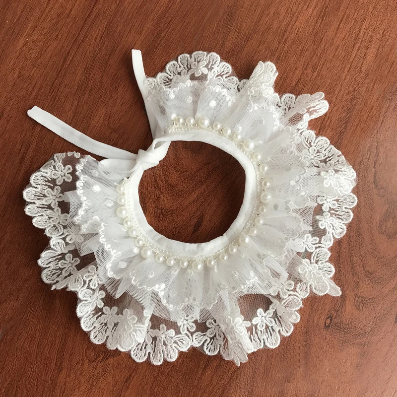 

OnnPnnQ Adjustable Pet Tie Necklace Dog Collars White Lace Pearl Small Dog Cat Handmade Neckties Bibs Pet Jewelry Accessories