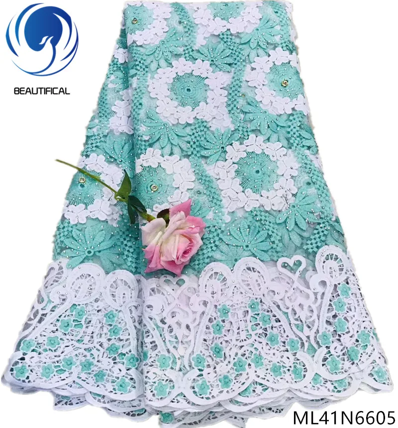 

Beautifical French lace fabrics High quality tulle lace embroidered fabric with stones 5yards nigerian lace beads fabric ML41N66