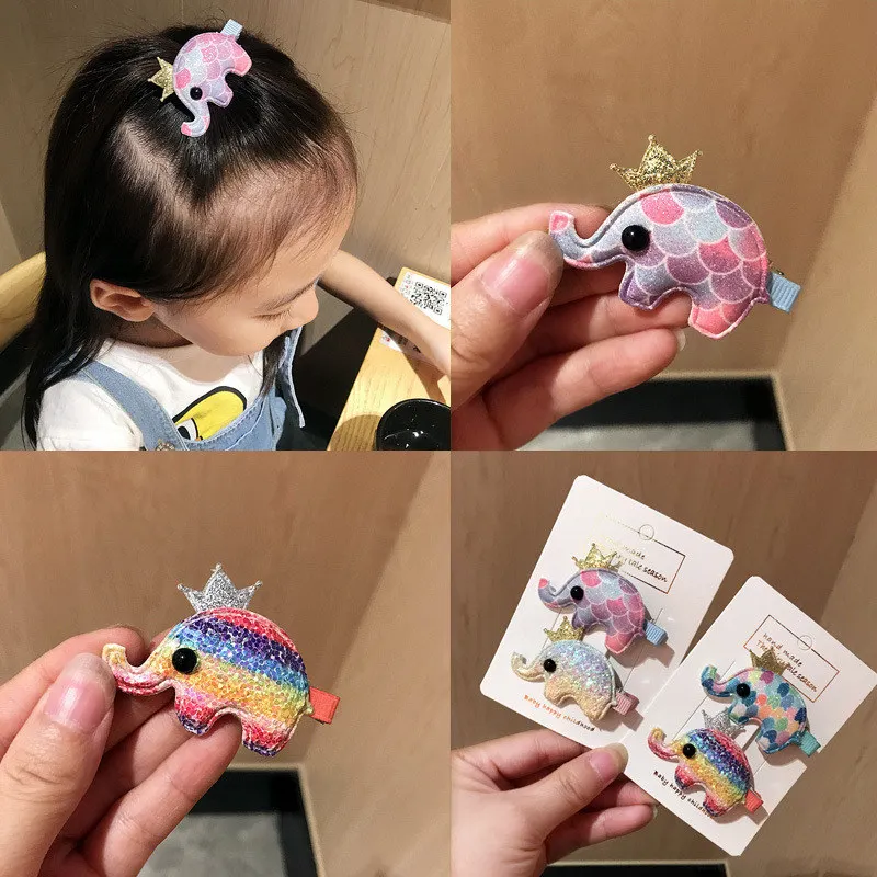 

2019 latest creative glitter fish scale cloth baby elephant duckbill clip BB rainbow color hairpin cartoon headdress