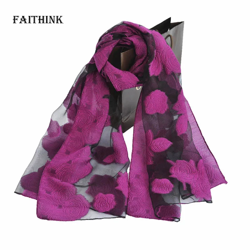 

[FAITHINK] 2017 Women Embroidery Lace Foulard Scarf Silk Imitated Rose Printed Wrap Female Summer Sunshade Cape Bufanda Scarves