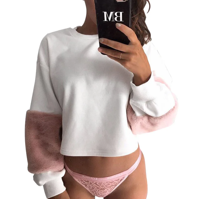 

Loneyshow New Faux Fur Hoodies Sweatshirt Casual Oversize White Sweatshirt Women Jumper Fashion Patchwork Long Sleeve Pullover