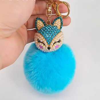 

20 Pieces 12 Colors Crystal Animal Fox Fur Ball Key Buckle Women Cute Fox Inlay Simulated Pearl Pendant Key Chains Match Handbag