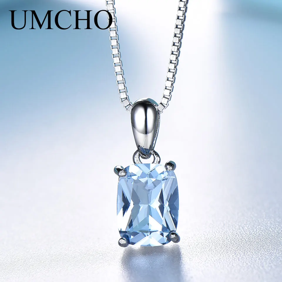 

UMCHO Solid 925 Sterling Silver Pendant Necklace Gemstone Sky Blue Topaz Necklace Romantic Wedding Gifts For Women Fine Jewelry