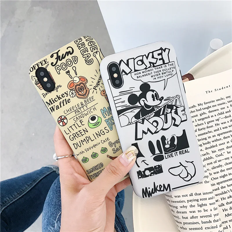 

Cute Retro Comic Minnie Mickey Case For iPhone 8 7 6 6S Plus XS Max XR X Cases Lovely Letter imd Silicon Soft Phone Cover Coque
