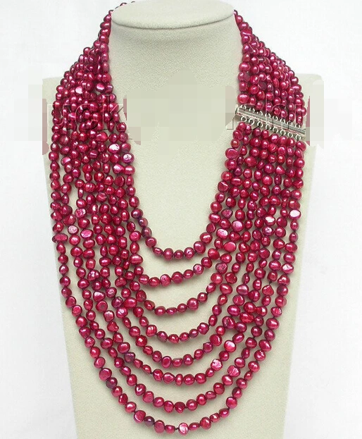 

Hot sale Free Shipping>>>>>17"-24" 8row baroque wine red pearls necklace 925 silver clasp