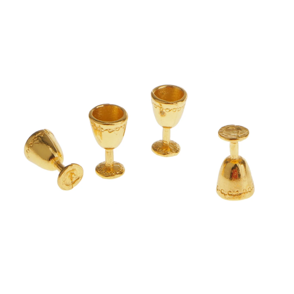 Gold Metal Goblet Red Wine Cups Dolls House Miniature Dining Room Pub Bar Accessory Pack of 4pcs