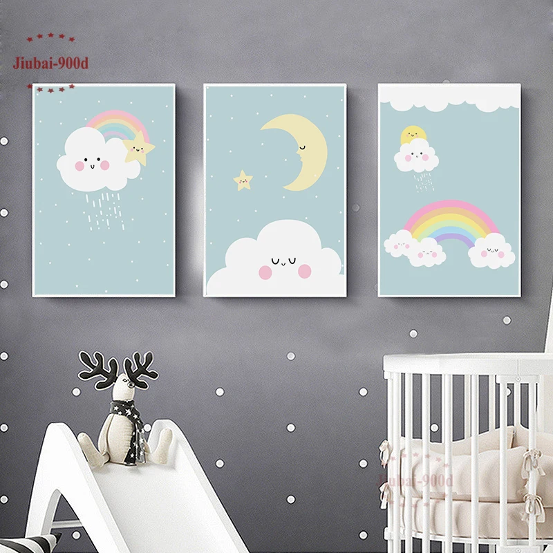 

900D New Arrivals Cartoon Poster Cloud Moon Rainbow Kids Room Picture Canvas Painting Nursery Wall Art Modular Pictures NUR20