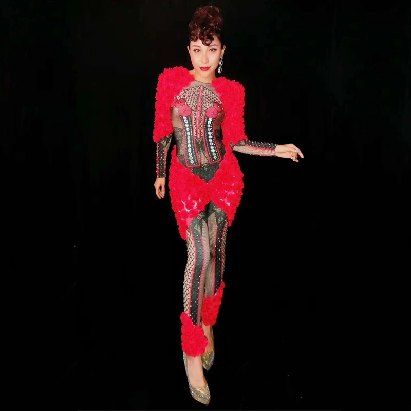 

New Red Flowers Rhinestones Spandex Jumpsuit Sexy Appliques Women Party Celebrate One Piece Costume Nightclub Dance Outfit DJ337