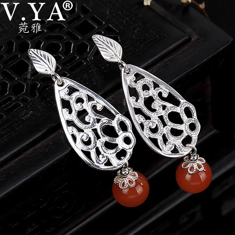 

V.YA S925 Sterling Silver Hollow Drop Earrings Red Natural Stone Vintage Earrings Women Elegant Silver Dangle Earrings