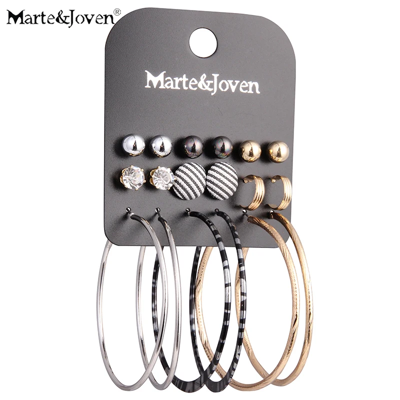 

Marte&Joven 9 Pairs Animal Print Big Hoops Jewelry Vintage Stripe Cloth Button Mix Spherical Hoop Earring Set for Women